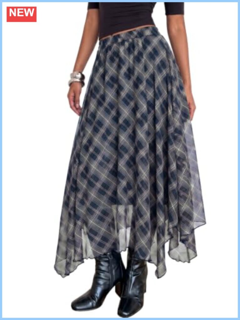 Women's Plaid Flowy Maxi Skirt with Asymmetric Hem A-Line High Low